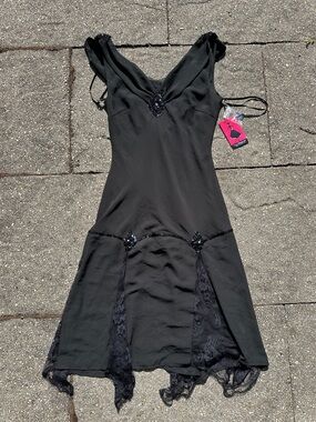 Unique Vintage Black Beaded Lace Cowl Back Dress BNWT S